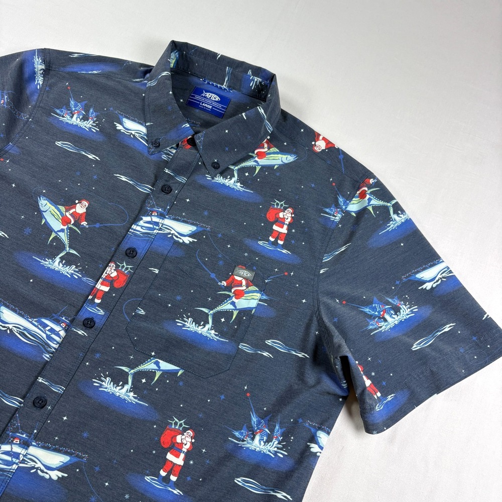 Aftco Fishing Shirt Men Large Blue Santa Christmas Graphic Button Up Performance